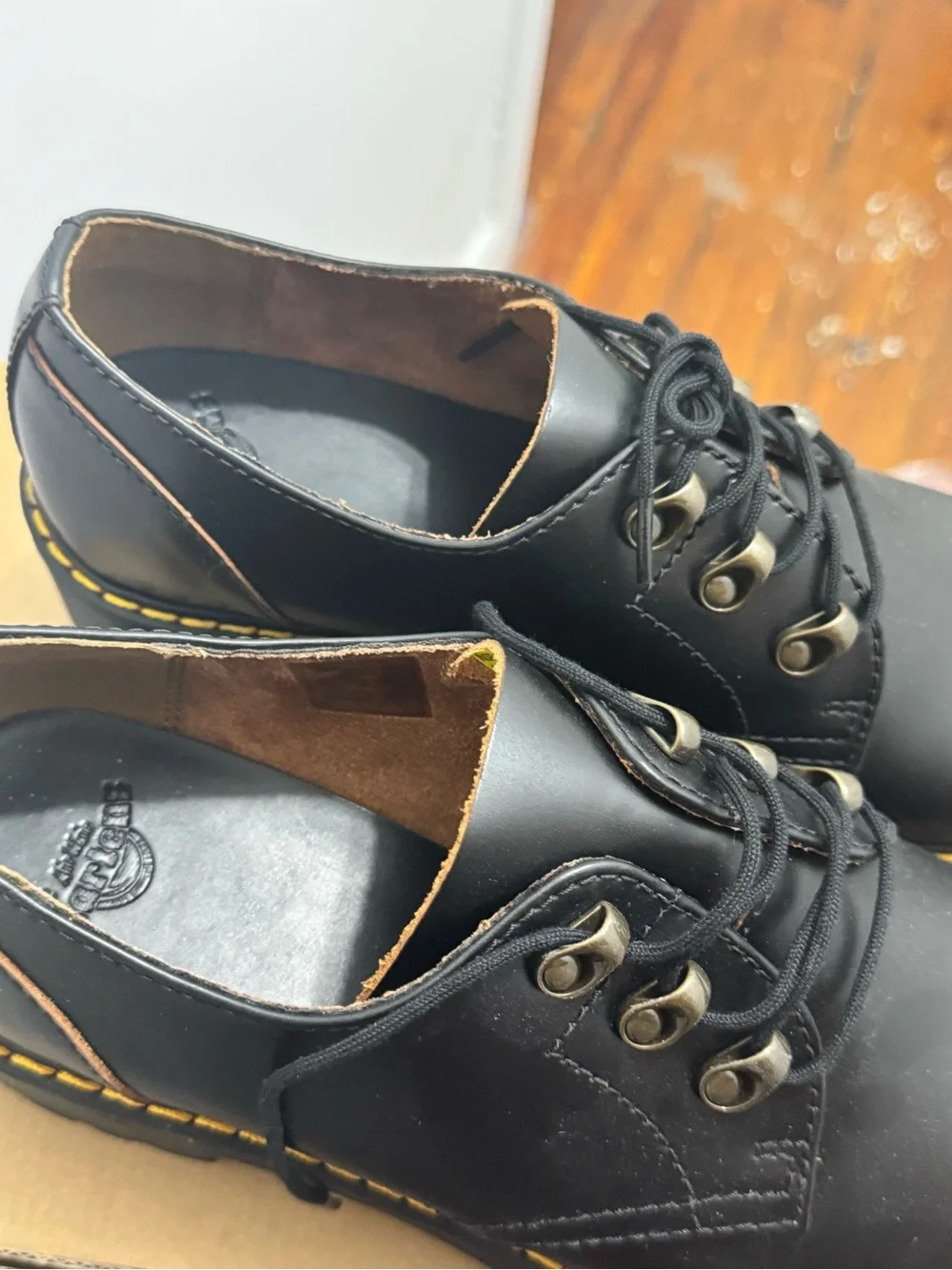 Dr. Martens Black Leather Platform Derby Shoes with Yellow Stitching